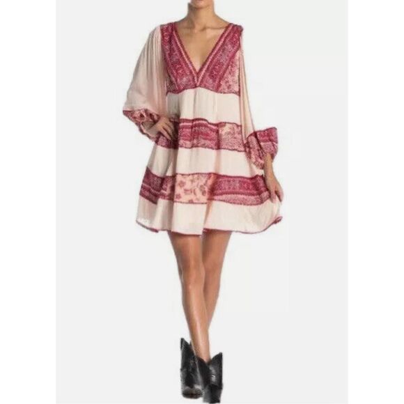 Free Peope My Love Balloon Sleeve Mixed Print V Neck Long  Sleeve Small - Picture 11 of 13